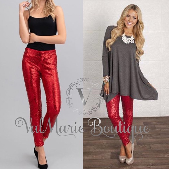 LAST 1- RED SEQUIN LEGGINGS - Picture 2 of 2